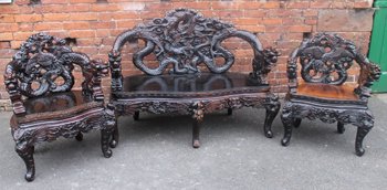 CHINESE STYLE HARDWOOD CARVED SETTEE WITH TWO ARMCHAIRS